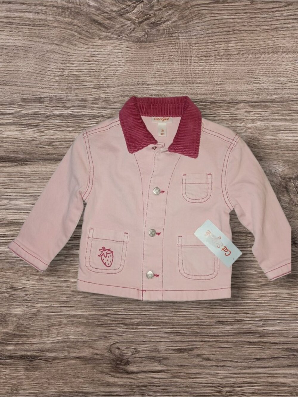 Cat & Jack Pink Jean Jacket 18M Corduroy Collar Strawberry Pocket NWT